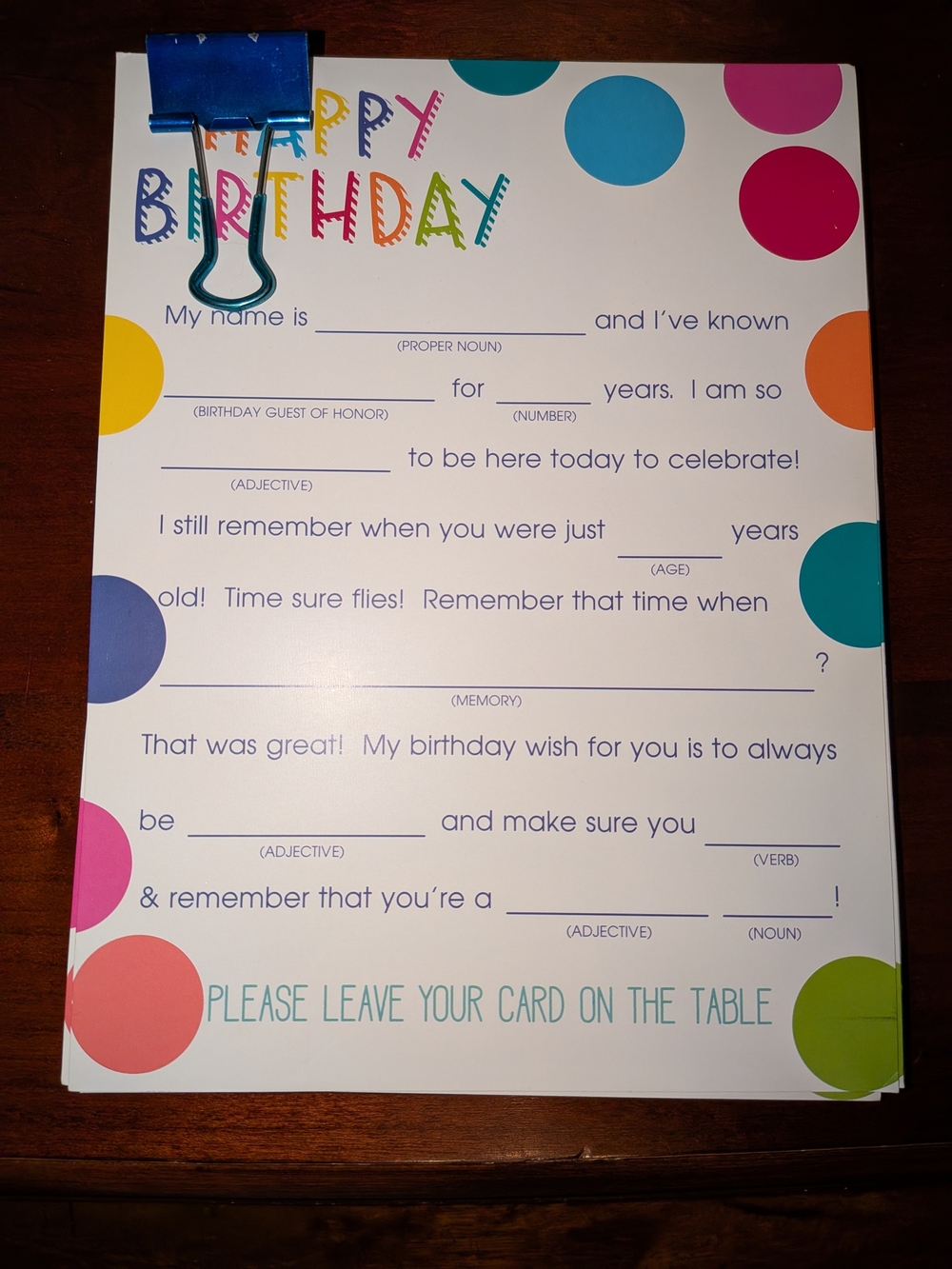 18) Birthday Fill-In Party Game Sheet